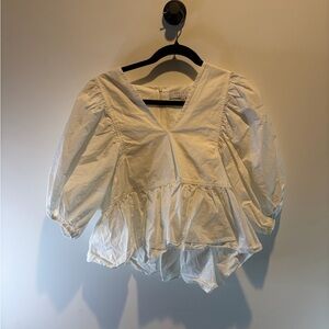 HUNTER BELL White V-Neck Peplum Puff Sleeve Top